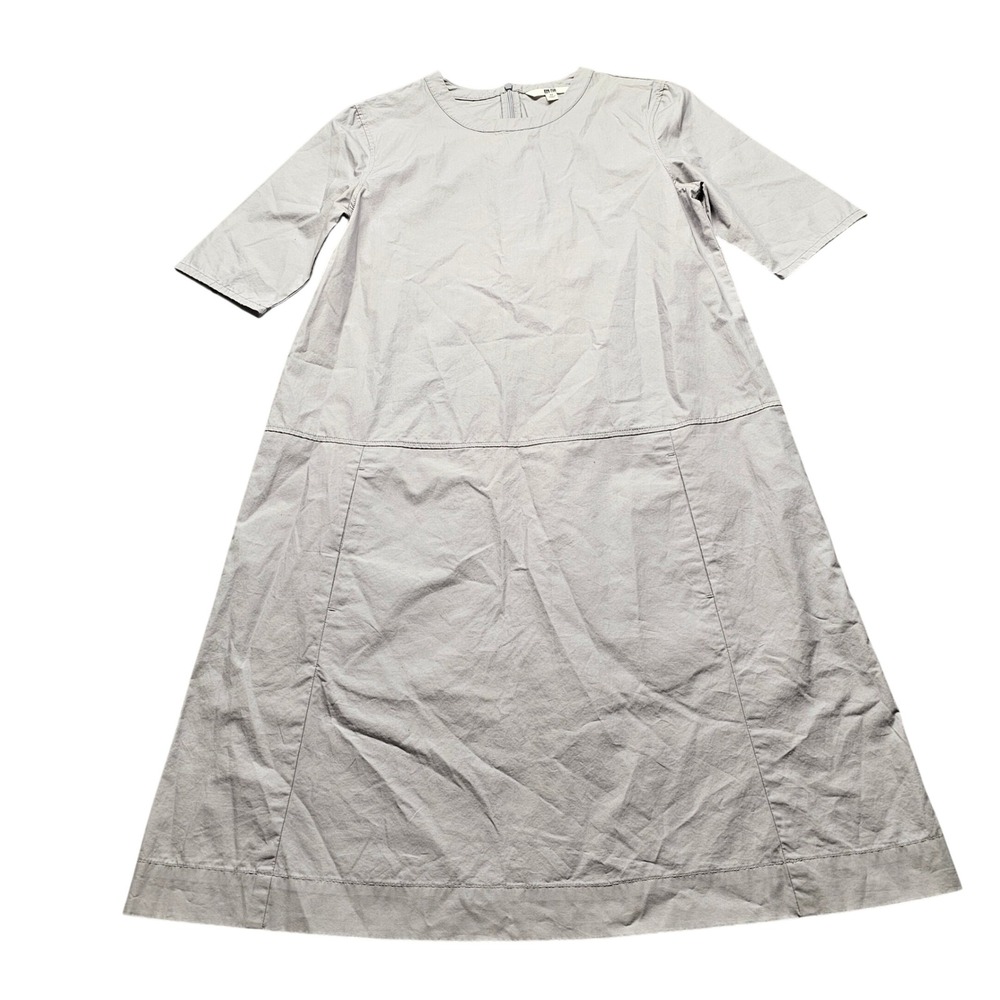 Uniqlo A-Line Midi Dress Womens XS Light Gray Short Sleeve Crew Neck Pockets